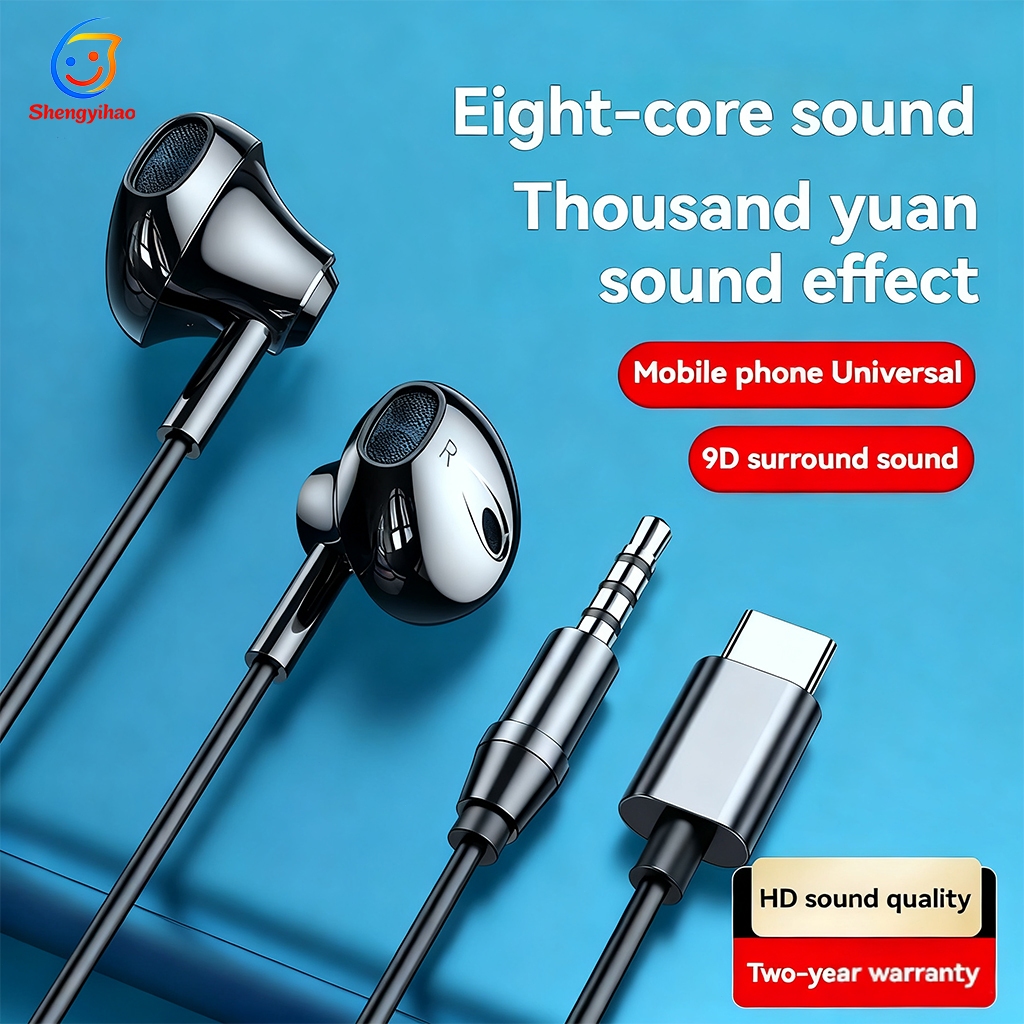 9D สำหรับ type-C ทั้งหมด USB หูฟังไฮไฟเบสสเตอริโอควบคุมระดับเสียงไมค์3.5มิลลิเมตรส Samsung galaxy S24 S23 S22 S21 หูฟัง