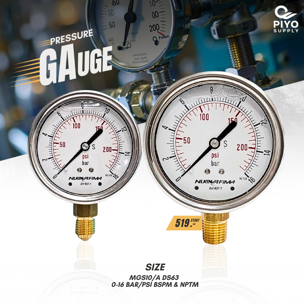 MGS10/A DS63 0-16 BAR/PSI เกจวัดเเรงดัน 1/4" BSP/NPT มีน้ำมัน/ไม่มีนํ้ามัน ทองเหลือง-ออกล่าง หน้าปัด 2.5'' (63 mm.)