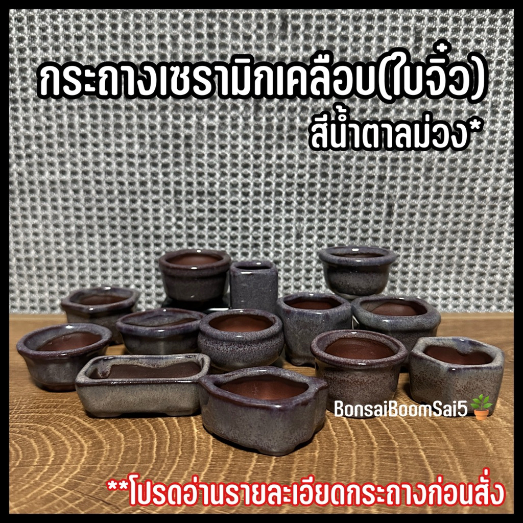กระถางเซรามิกเคลือบใบจิ๋ว สีน้ำตาลม่วง มีให้เลือก13แบบ