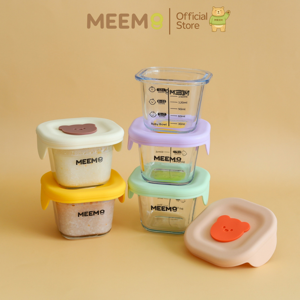 MEEM กล่องแก้วเก็บอาหารเด็ก ฝาปิดซิลิโคน พร้อมจุกระบายอากาศลายหมี กล่องแก้วเก็บอาหารสำหรับเด็ก