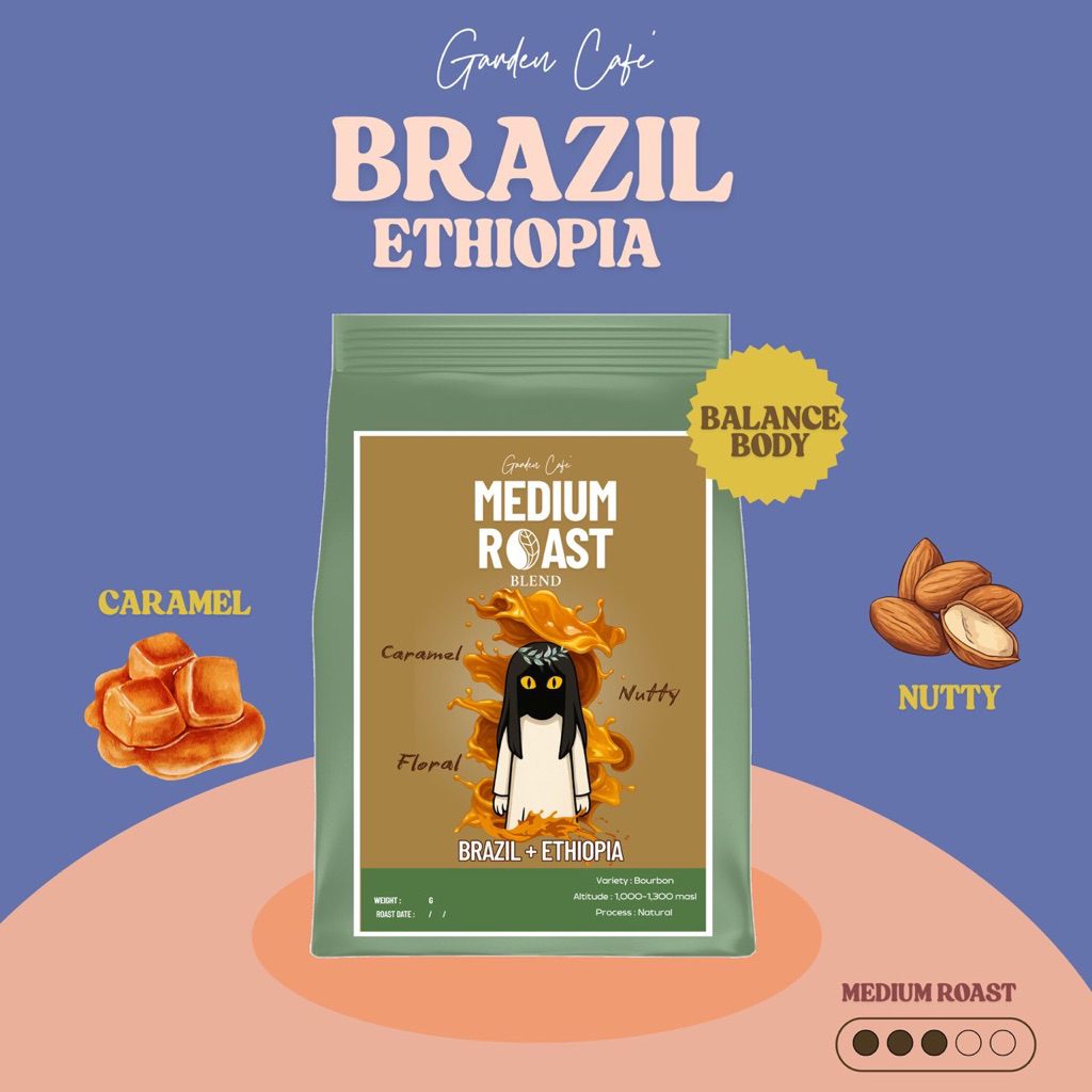 เมล็ดกาแฟ Medium Roast Blend เมล็ด Brazil และ Ethiopia (250g/500g)