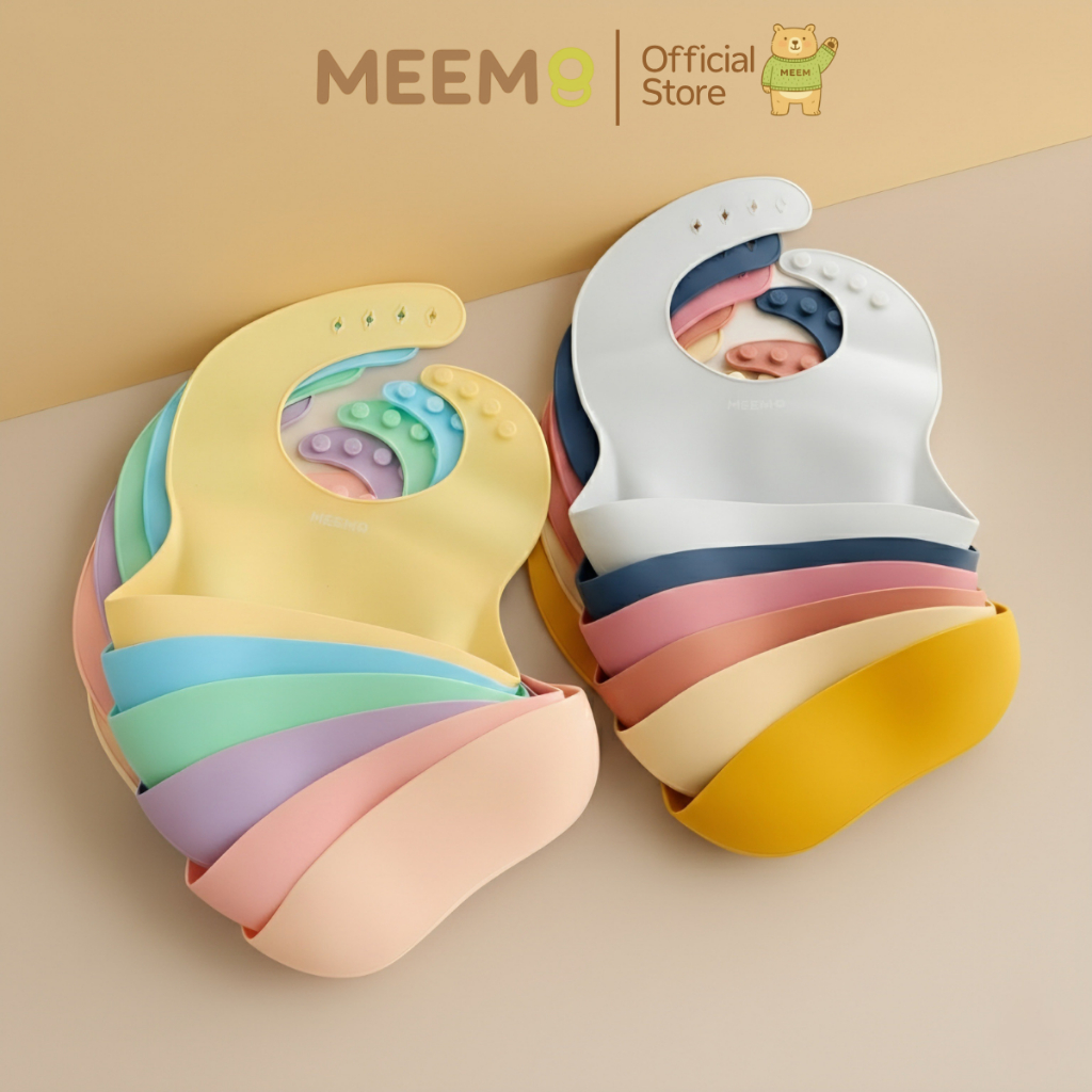 MEEM ผ้ากันเปื้อนเด็กซิลิโคน ปรับขนาดได้  มีช่องรับเศษอาหาร ล้างทำความสะอาดง่าย  (Colorful Series)