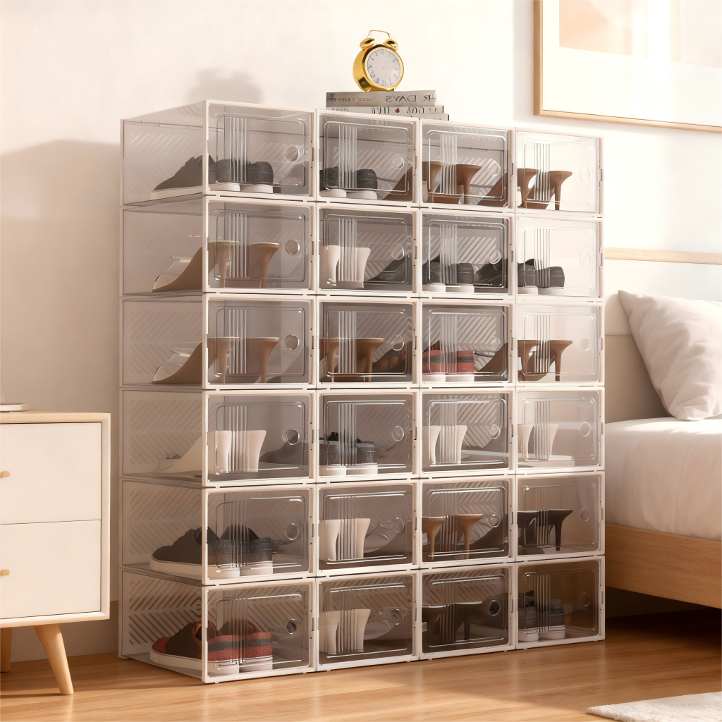 SPING กล่องเก็บรองเท้า 6 ใบ วางซ้อนกันได้ ใสโปร่งแสง พับได้ หนา แข็งแรง ทนทาน กันฝุ่น เก็บง่าย