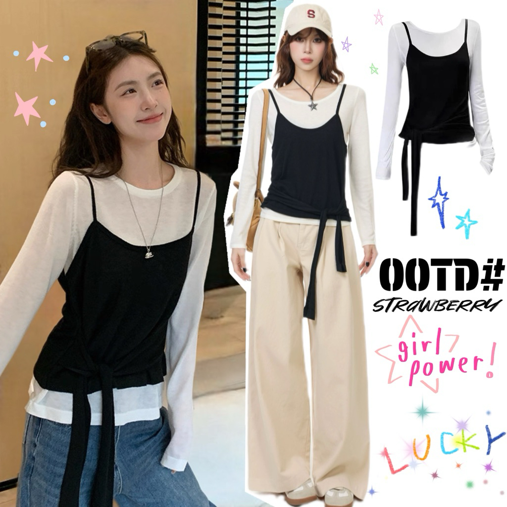 STR พร้อมส่ง☔️🧸เสื้อยืแขนยาวผู้หญิง เสื้อ2ชิ้นติดกับ ดีไซน์โปว์ผูกเอว เสื้อครอปทรงเข้ารูป สีดำ คอกลม ลำลอง แฟชั่นผู้หญิ