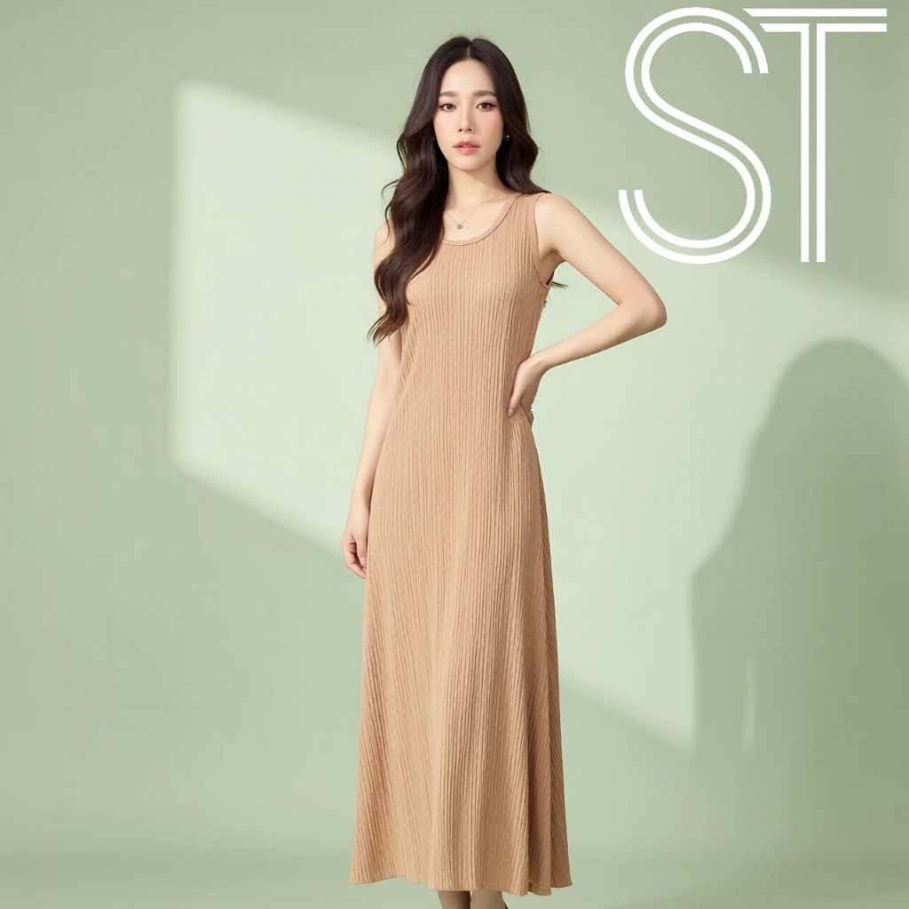 เดรสผ้าฝ้ายแขนกุดคอลเลคชั่นใหม่ - ผ้าถักสวมใส่สบาย กระโปรงยาวเหมาะกับชีวิตประจำวันและทำงาน