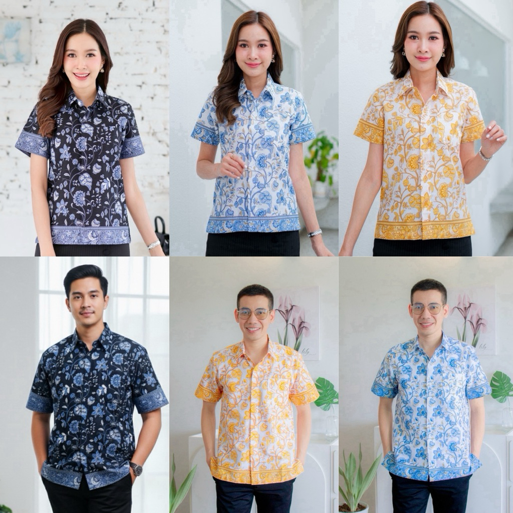 เสื้อเชิ้ตชาย หญิง ผ้าคอลติลพิมพ์ลายปาเต๊ะ ลายดอกบายชื่นสวยๆ แต่งกระเป๋าหน้า