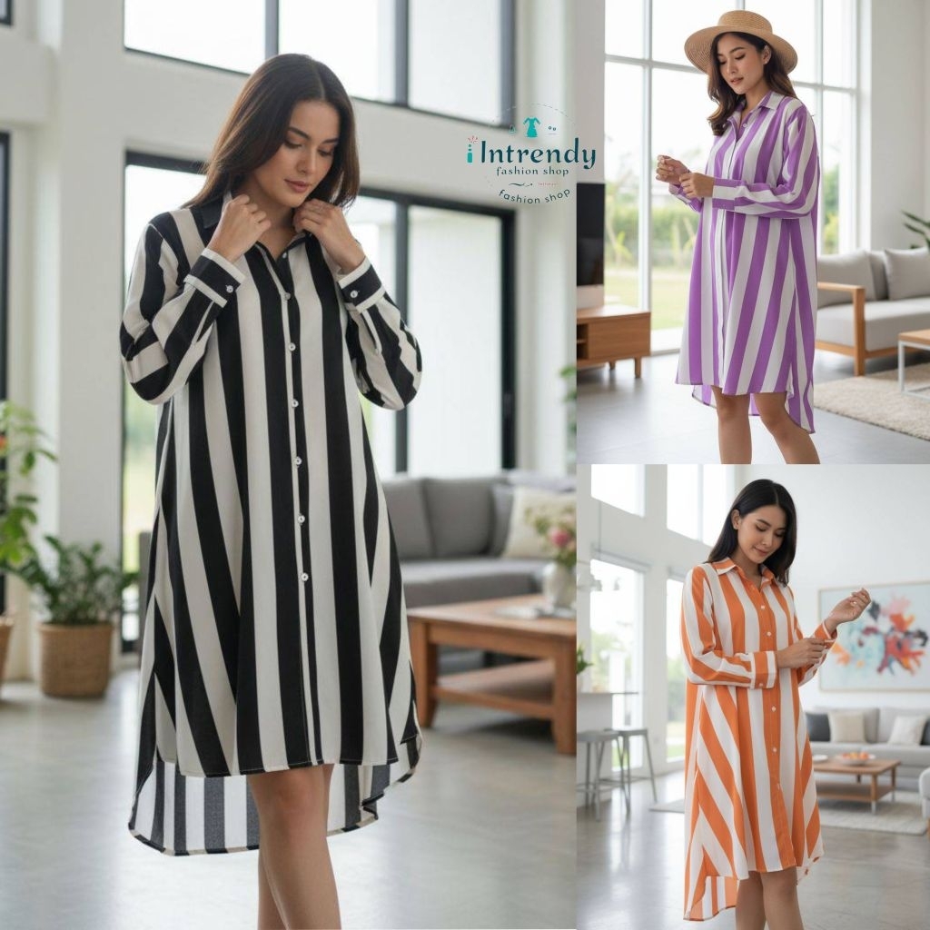 พร้อมส่ง.เดรสเชิ้ต Oversized ลายทางร่องใหญ่สาวอวบ( หน้าผ้า 50 นิ้ว) เป็นผ้าไหมอิตาลีเนื้อดีไม่บาง.