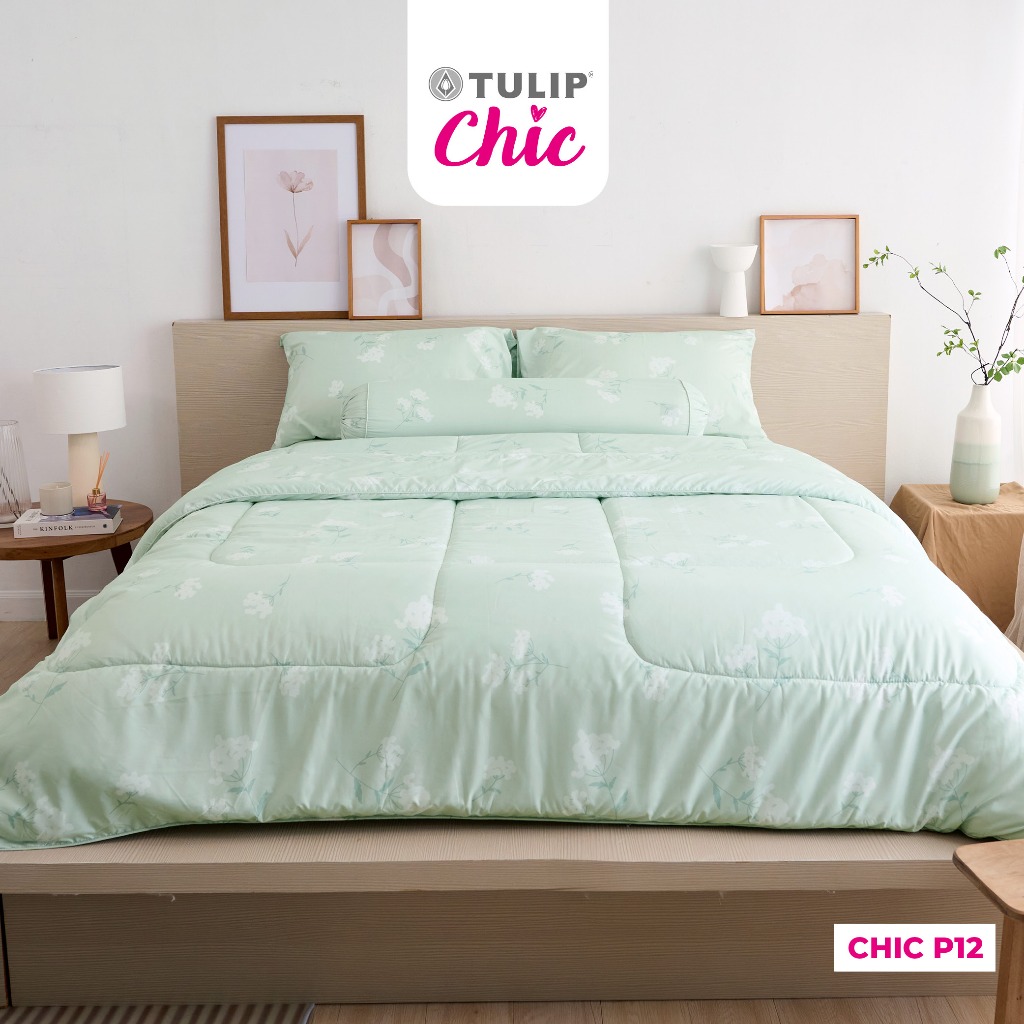 TULIP CHIC พิมพ์ลาย CHIC P12 พิมพ์ลายดอกไม้ป่า โทนสีเขียว ชุดผ้าปู ผ้าห่มนวม สไตล์มินิมอล สัมผัสนุ่มไม่ระคายผิว