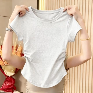 ส่วนลดพิเศษ ดีไซน์เก๋ พลางหุ่น เสื้อลำลองผู้หญิง คอกลม แขนสั้น สีขาว สีดำ ใส่เที่ยวในวันสบาย ๆ เนื้อผ้านุ่มเบาสัมผัสเย็น