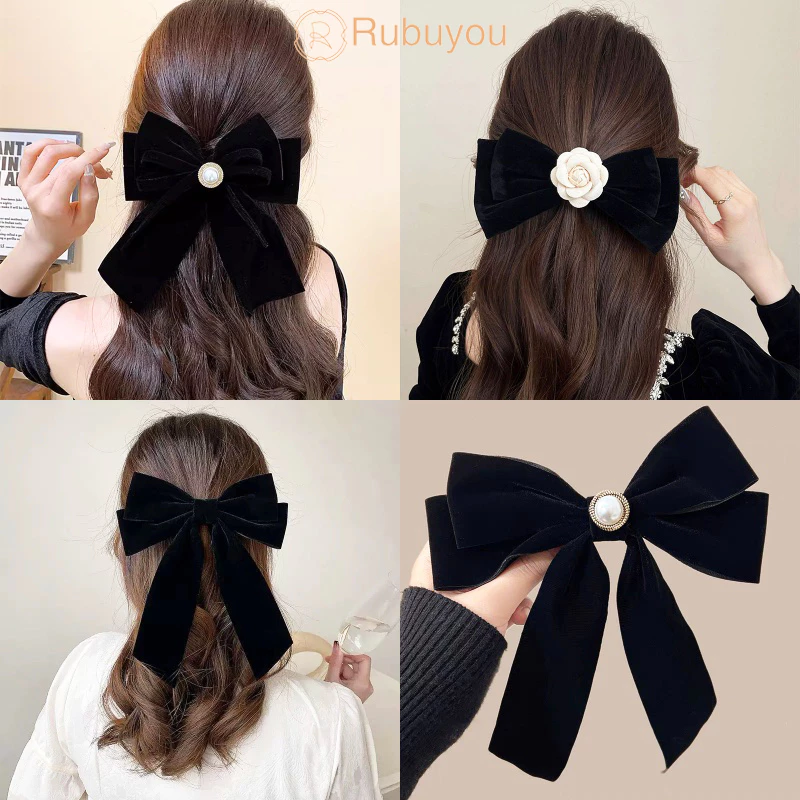 Rubuyou กิ๊บผ้ากำมะหยี่โบว์ สีดำ ย้อนยุค BB หน้าม้า