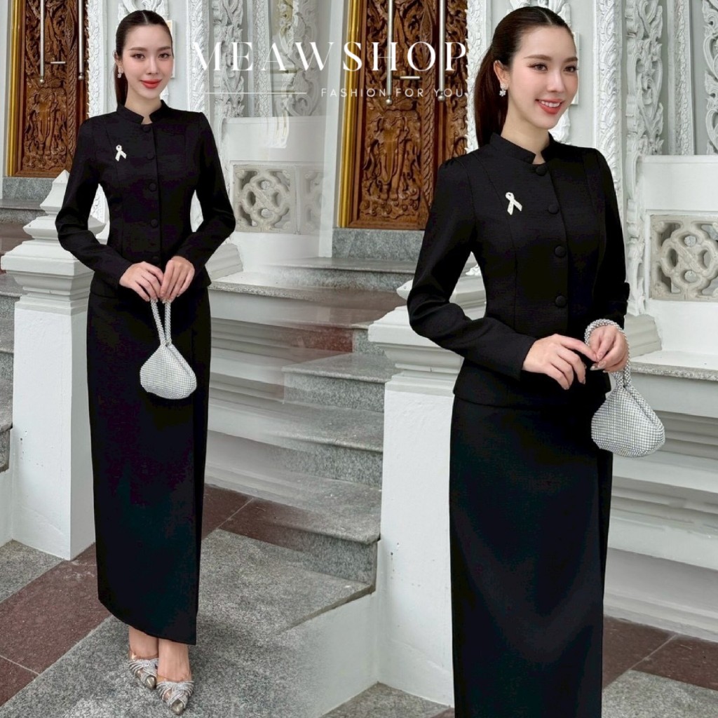 XS-3XL Set ชุดไทยจิตรลดา ผ้าทวิตพรีเมี่ยม แขนยาว ชุดไทย ชุดจิตรลดา สีดำ ชุดไว้อาลัย ชุดดำสุภาพ ชุดออกงาน ไปงาน ไปวัด chr