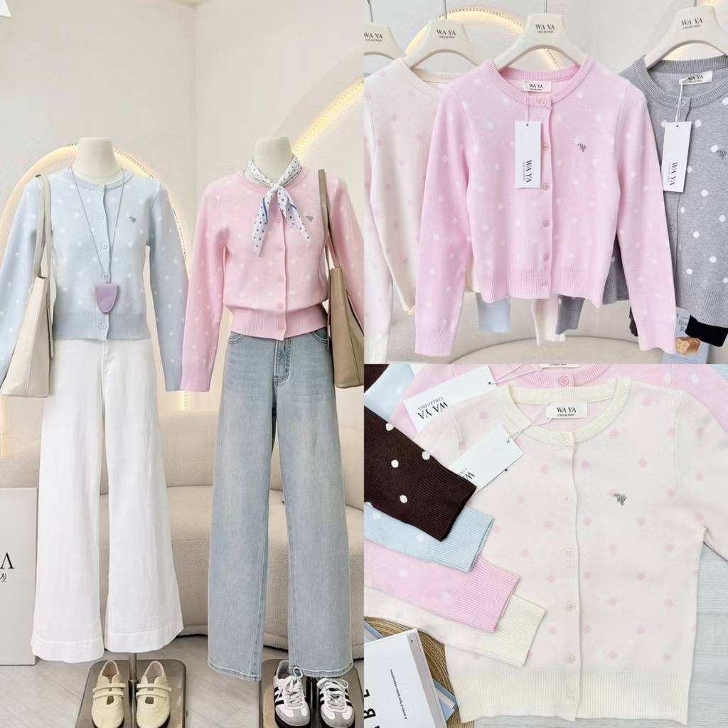 Polkadot cardigan เสื้อคาร์ดิแกนไหมพรม แขนยาว ลายจุด แต่งอะไหล่เงิน เนื้อผ้าถัก ป้ายWA YA