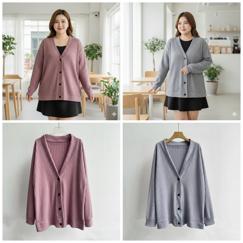 เสื้อกันหนาว คาร์ดิแกนไซส์ใหญ่ Oversizeอก54นิ้ว แขนยาว ผ้าลายเปียสไตล์มินิมอล