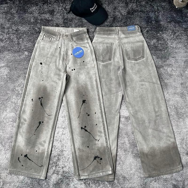 LABLUSA - LBS359 :กางเกงยีนส์ทรงกระบอกสีเทาแต่งเลอะเพนต์สาดสี สตรีทวินเทจ (Unisex)