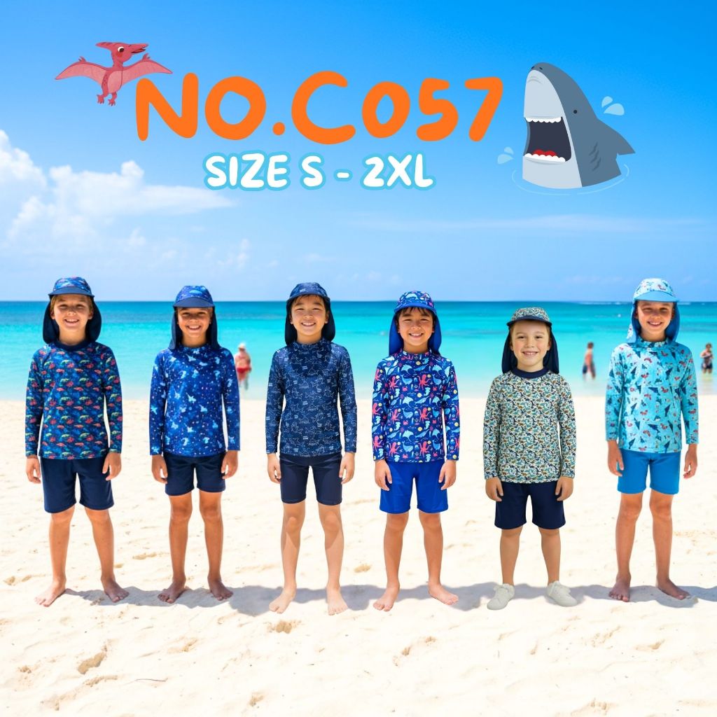 Getsswimwear ชุดว่ายน้ำเด็ก2 ชิ้น C057 แขนยาว กางเกงขาสั้น ผ้ากันยูวี ลายน่ารัก ฟรีหมวกกันแดด