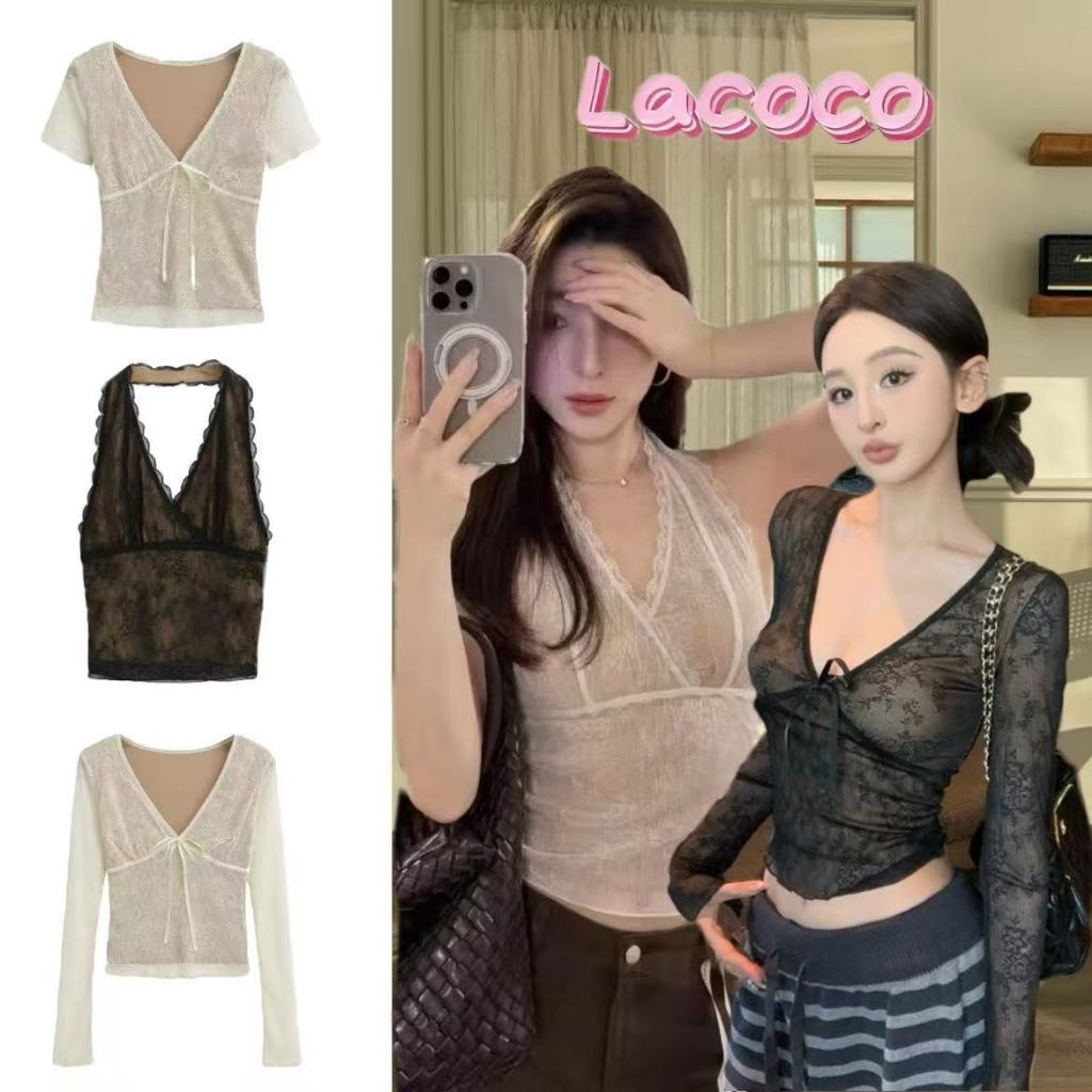 Lacoco🍓คลังสินค้าพร้อม🍓เสื้อคอวีแต่งขอบลูกไม้เซ็กซี่สไตล์ยุโรปและอเมริกันใหม่สำหรับผู้หญิง