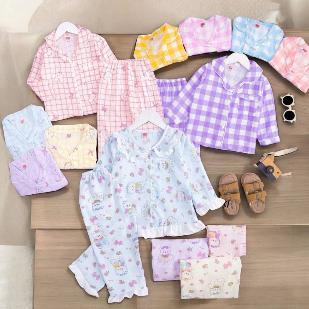 ชุดนอนเด็ก 1-2.5 ปี เสื้อคอปก กระดุมหน้า แขนขายาว ผ้าไหมญี่ปุ่น SLE0038