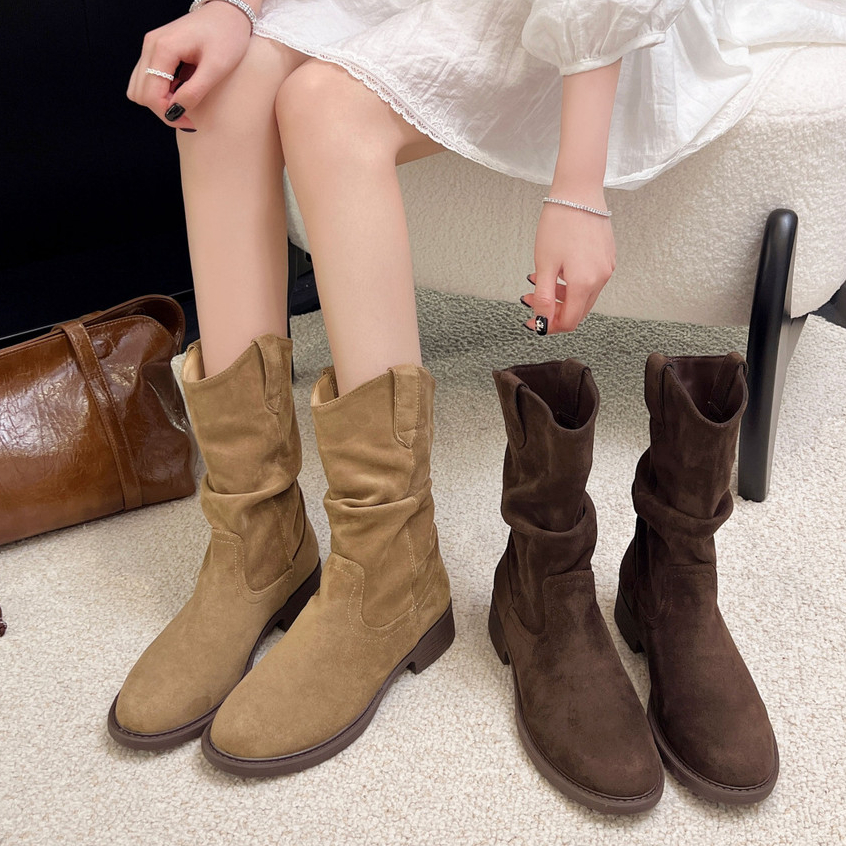 รองเท้าบูทหุ้มข้อผู้หญิงสไตล์เกาหลี ครึ่งแข้ง หัวแหลม วัสดุหนังกลับ สไตล์เรโทร ไซส์ 35-41