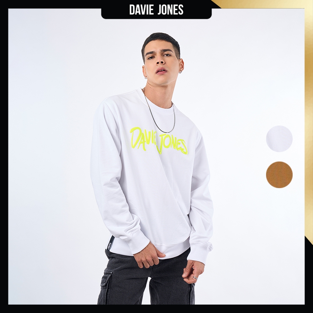 DAVIE JONES [BE FEARLESS] เสื้อสเวตเตอร์ผู้ชาย Logo Regular Fit Sweater สีขาว น้ำตาล SW0080