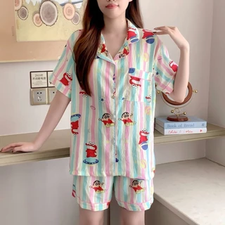 ชุดนอนแขนสั้น-ขาสั้น ชุดนอนผู้หญิง ผ้าไหมญี่ปุ่น L-4XL ลายการ์ตูนน่ารัก ชุดนอนแฟชั่น พร้อมส่ง