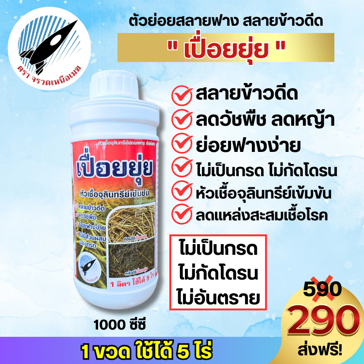 เปื่อยยุ่ย (ย่อยสลายข้าวดีด สลายฟาง)หัวเชื้อจุลินทรีย์เข้มข้น ลดข้าวดีด ลดวัชพืช ย่อยฟาง ไม่เป็นกรด ใช้กับโดรนได้ 1 ลิตร