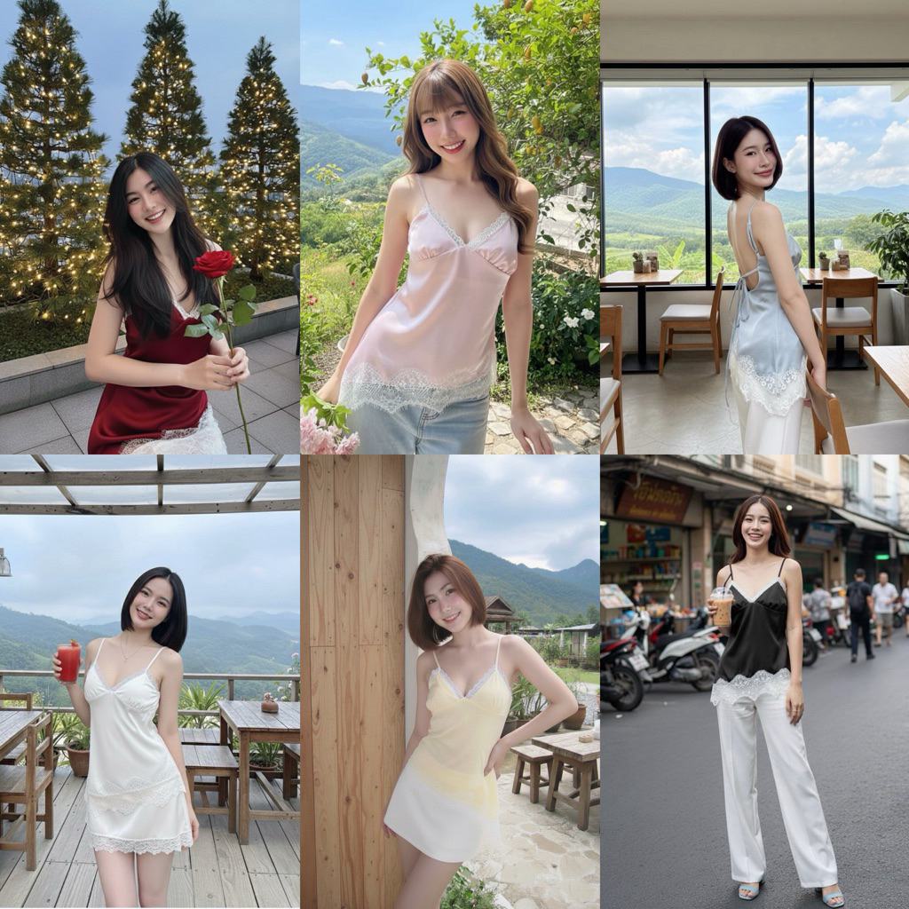 (พร้อมส่ง)เสื้อสายเดี่ยวผ้าซาตินปลายเฉียงแต่งลูกไม้ ช่วงอกเย็บเก็บทรง หลังเว้าเล็กน้อยผูกเชือกเอง