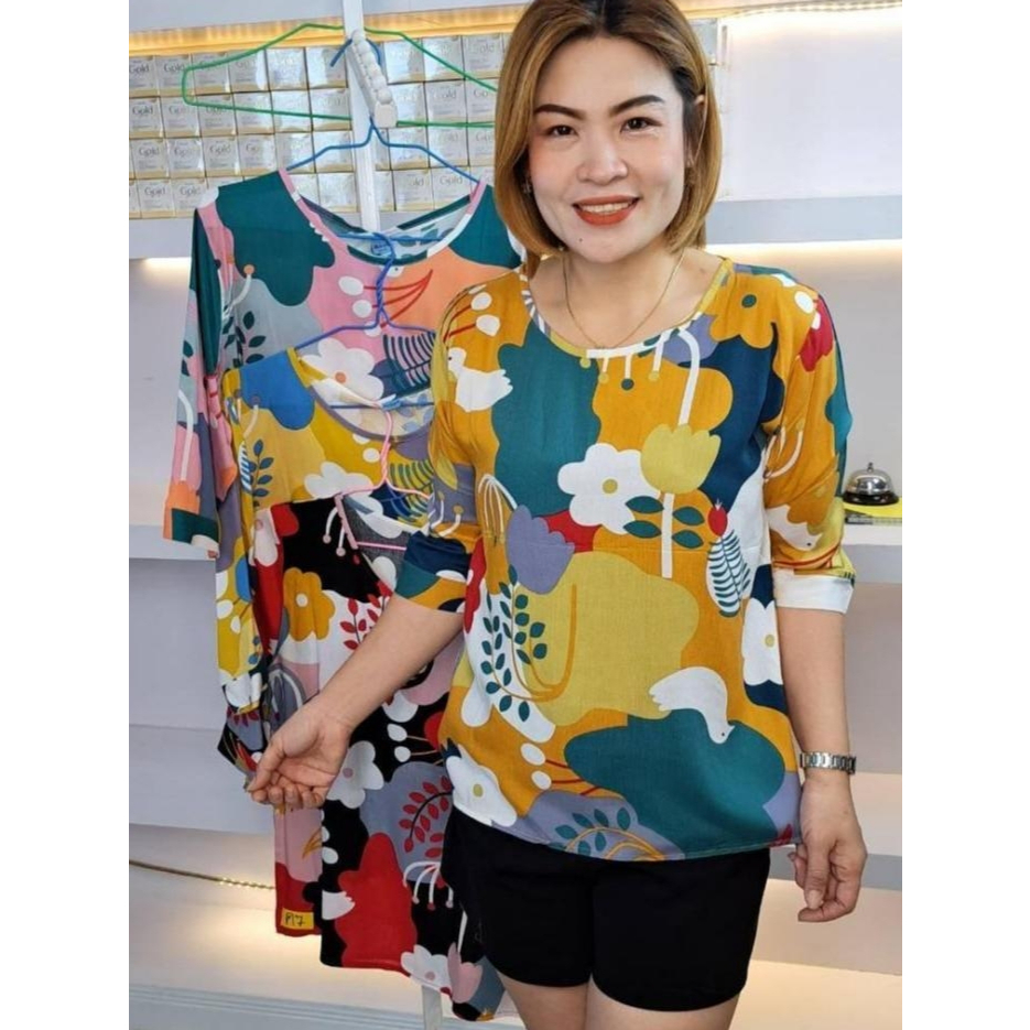 //เสื้อสาวอวบ//K3///คอกลมแขนศอกดอกนกผ้าไหมสปัน ไซส์44/50นิ้ว ยาว24-26นิ้ว ราคา119-139บาท
