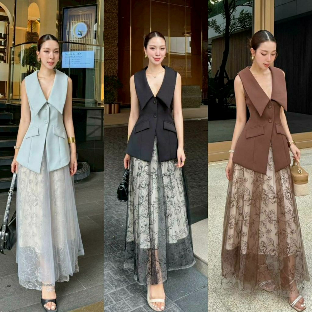 (S-XL) Shimmer📣พร้อมส่งเซตเสื้อกั๊กคอปกใหญ่กระดุมหน้า+กระโปรงตาข่ายซ้อนด้วยผ้าตาข่ายปักลายดอกไม้ลุคสวยหรู