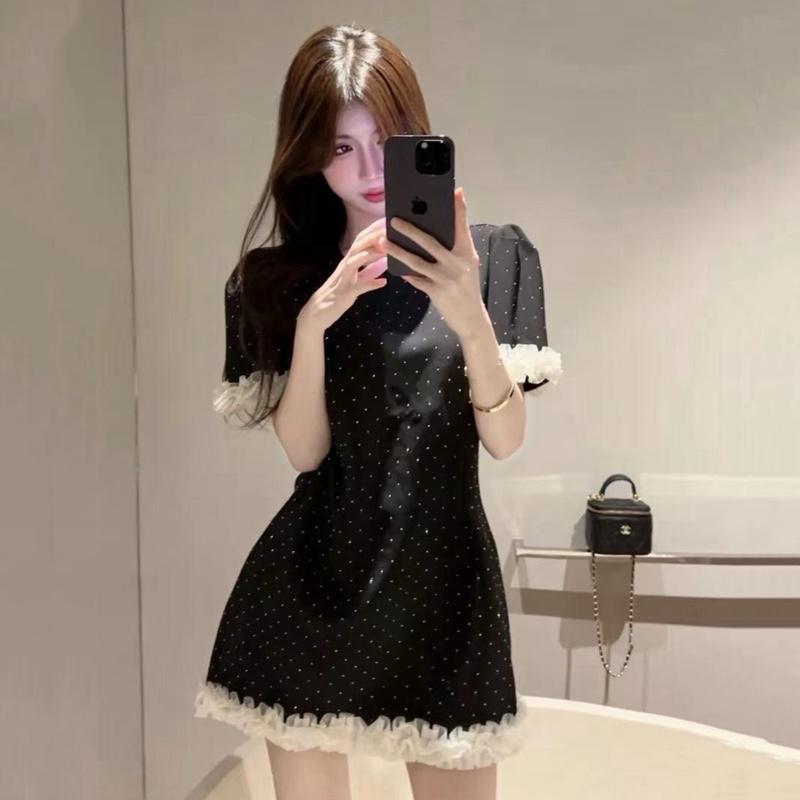 [LISA] A1230 ชุดเดรสกระโปรงคอกลมแขนสั้นดีเทลแต่งระบายลายโพกาดอทสวยหรูลุคคุณ ใส่ออกงาน ดินเนอร์ คาเฟ่