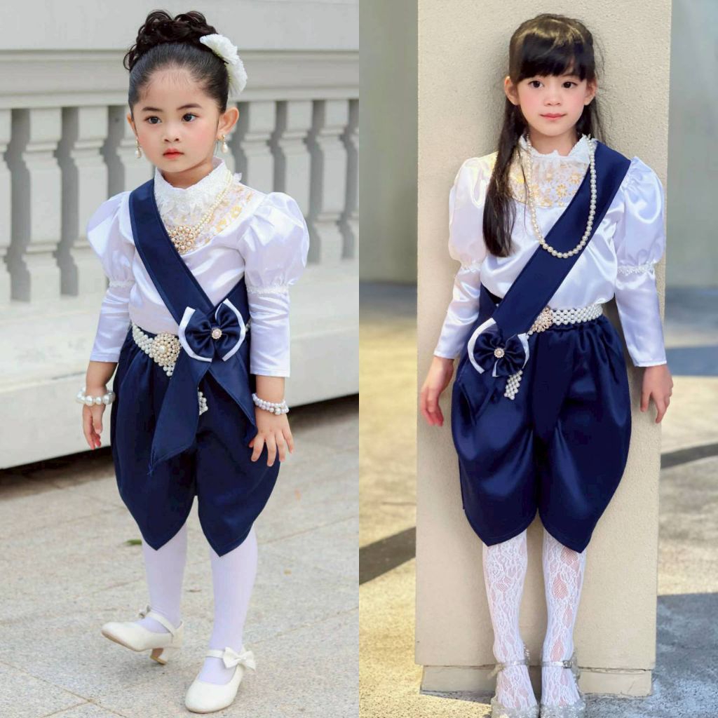 Kc // ชุดไทยเด็กโจงกระเบนแบบสมัยรัชกาลที่5 เสื้อคอแต่งลูกไม้ประดับมุก แขนเสื้อทรงหมูแฮม มีสายคาดและเข็มกลัดโบว์
