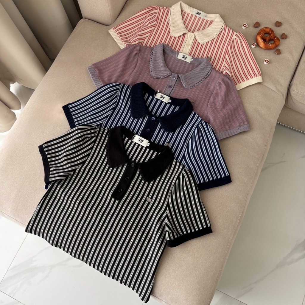SISSY : เสื้อโปโลคอบัว แต่งแถบลูกไม้ (XS-XXL) ผ้าถัก เนื้อนุ่ม  เนื้อผ้ายืดหยุ่น ใส่สบาย ใส่ได้หลายโอกาส