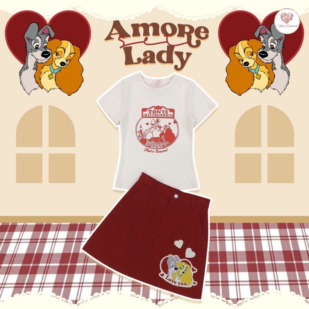 (มี3XL) Maria Diamond สีครีมแดง Amore Lady Set เซ็ต 2 ชิ้น เสื้อยืดสกรีนลาย + กระโปรงยีนส์งานปักลายเลดี้มีซับกางเกง