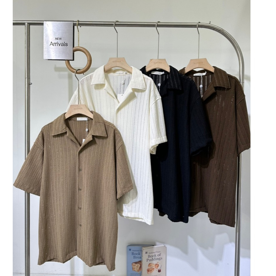 #ป้าย  N054 เสื้อเชิ้ตผู้ชายผ้าทอลายรู เสื้อเชิ้ตสไตล์มินิมอลที่มาพร้อมดีเทลผ้าทอลายรู