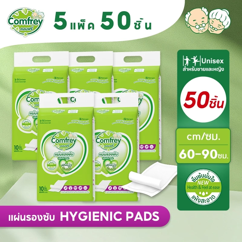 [5แพ็ค 50ชิ้น] Comfrey แผ่นรองซับผู้ใหญ่ 60cmx90cm bed sheet แผ่นซึมซับ
