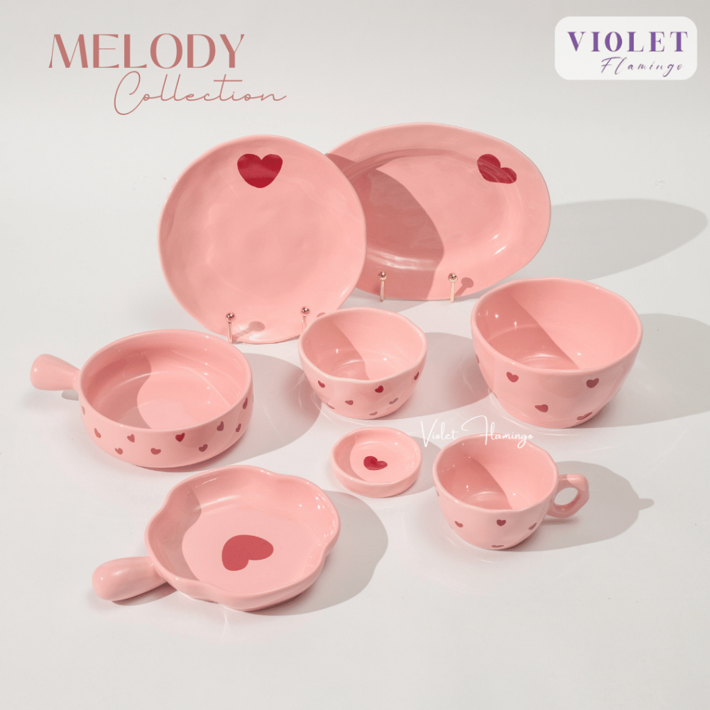 Violet Flamingo จานชามเซรามิคสีชมพูลายหัวใจสีแดง รุ่น Melody จานชาม แก้วกาแฟ ของขวัญวันวาเลนไทน์