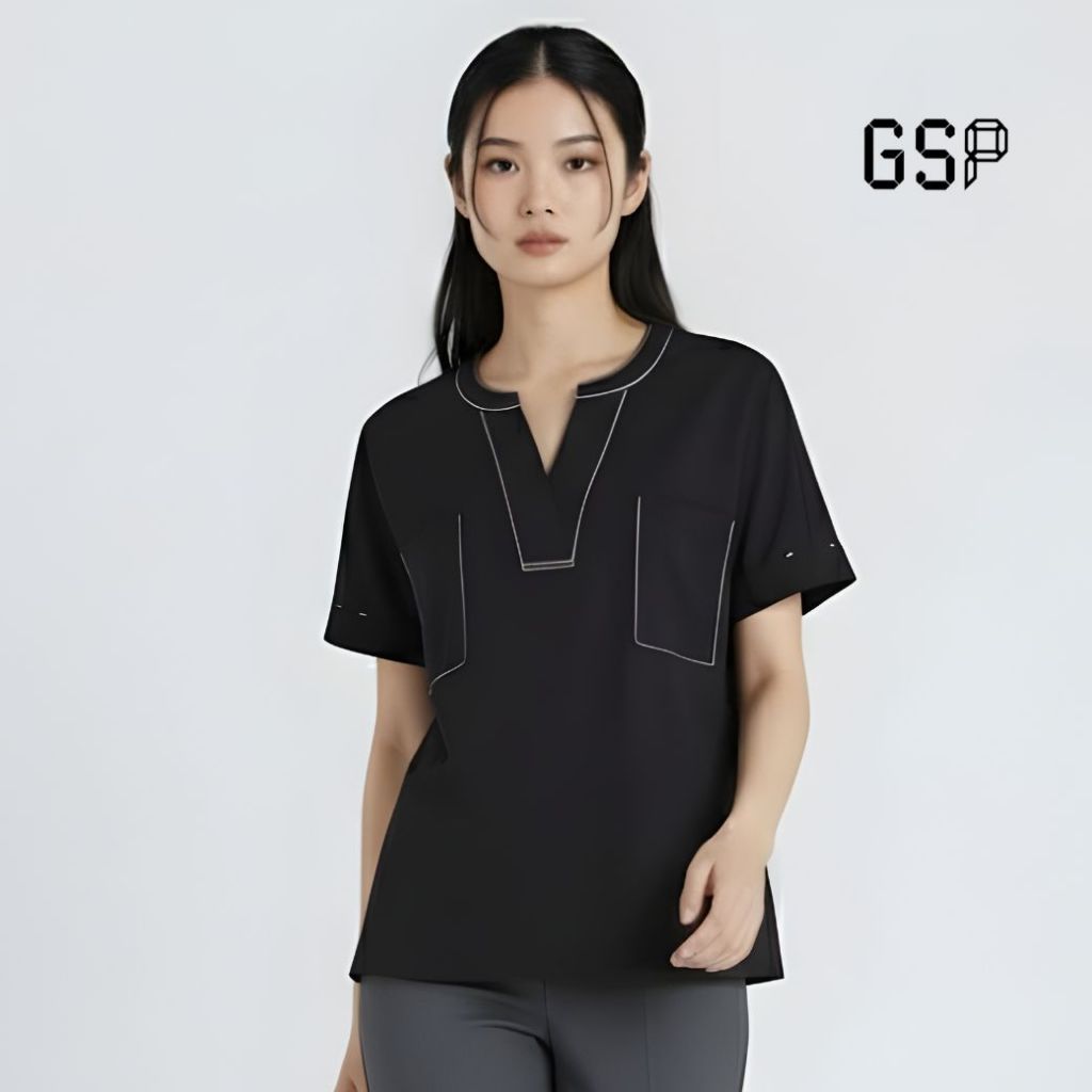 GSP จีเอสพี เสื้อเชิ้ตคอวี ผ้าคอตตอน สีดำ แขนสั้น แต่งเดินด้ายด้วยสีขาว มาพร้อมกระเป๋าหน้าอกทั้ง 2 ด