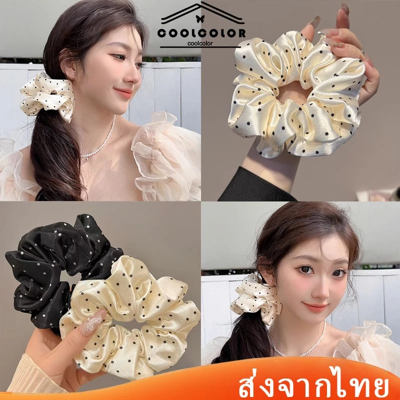 ในไทย💖ยางรัดผมวงกลมลำไส้เล็กผ้าซาตินสำลายจุดสีดำขาว ผมหางม้าผู้หญิงความยืดหยุ่นสูงสไตล์เกาหลีเครื่องประดับผมแฟชั่น