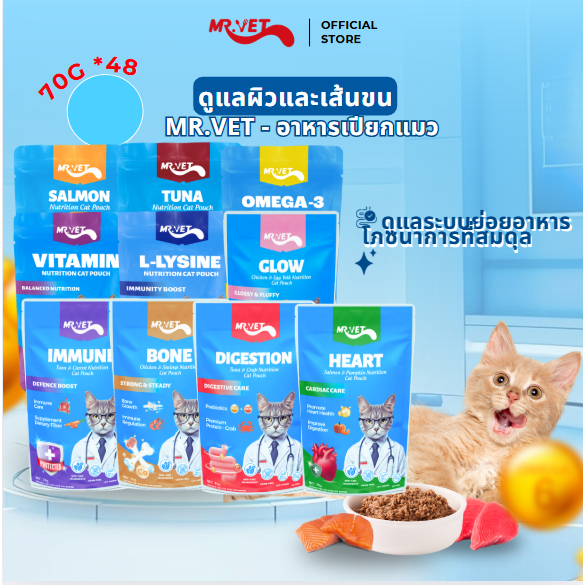 【48 แพ็ครวมกัน】Mrvet อาหารเปียกแมว อาหารแมวหลากหลายรสชาติ อร่อยกว่า เพื่อสุขภาพของแมว