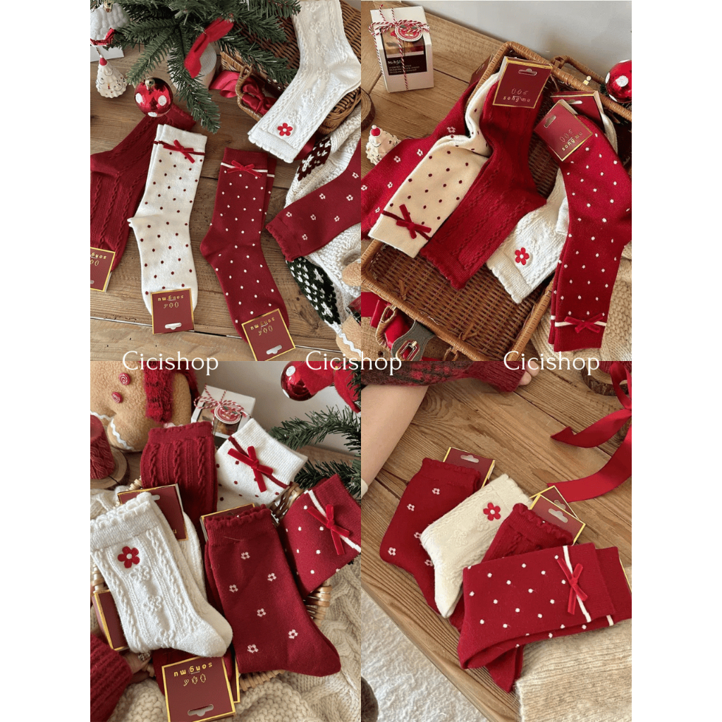 Cicishop(WT90) ถุงเท้าลายคริสต์มาส ลายจุดปักโบว์ลายดอกไม้ สีแดงครีม ผ้านิ่มสไตล์ฤดูหนาว Christmas