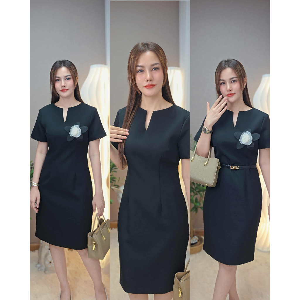 เดรสคอวี รุ่นแขนสั้น ทรงสุภาพ เรียบหรู ดูมีคลาส