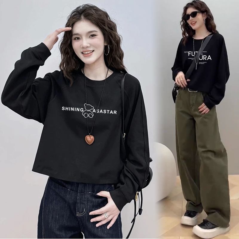 เสื้อครอปแขนยาวไซส์ใหญ่ oversize เสื้อผ้าสาวอวบแฟชั่นมาใหม่ เสื้อยืดสวยผู้หญิงลำลองทรงหลวมสไตล์เกาหลี สกรีนลายวินเทจเท่