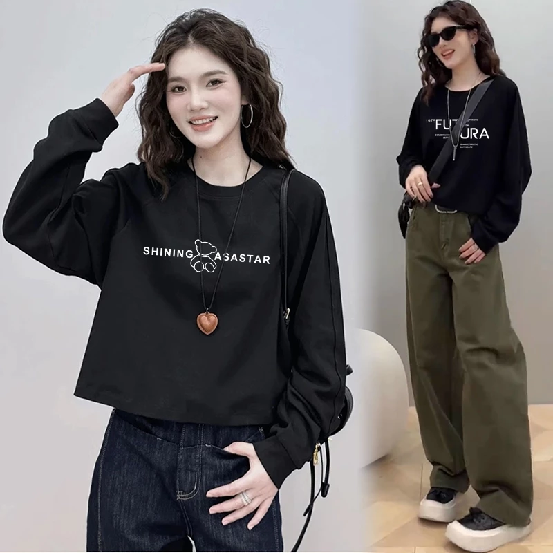 เสื้อครอปแขนยาวไซส์ใหญ่ oversize เสื้อผ้าสาวอวบแฟชั่นมาใหม่ เสื้อยืดสวยผู้หญิงลำลองทรงหลวมสไตล์เกาหลี สกรีนลายวินเทจเท่