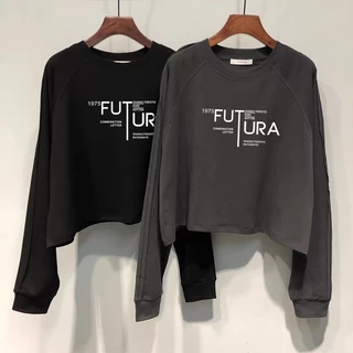 เสื้อครอปแขนยาวไซส์ใหญ่ oversize เสื้อผ้าสาวอวบแฟชั่นมาใหม่ เสื้อยืดสวยผู้หญิงลำลองทรงหลวมสไตล์เกาหลี สกรีนลายวินเทจเท่