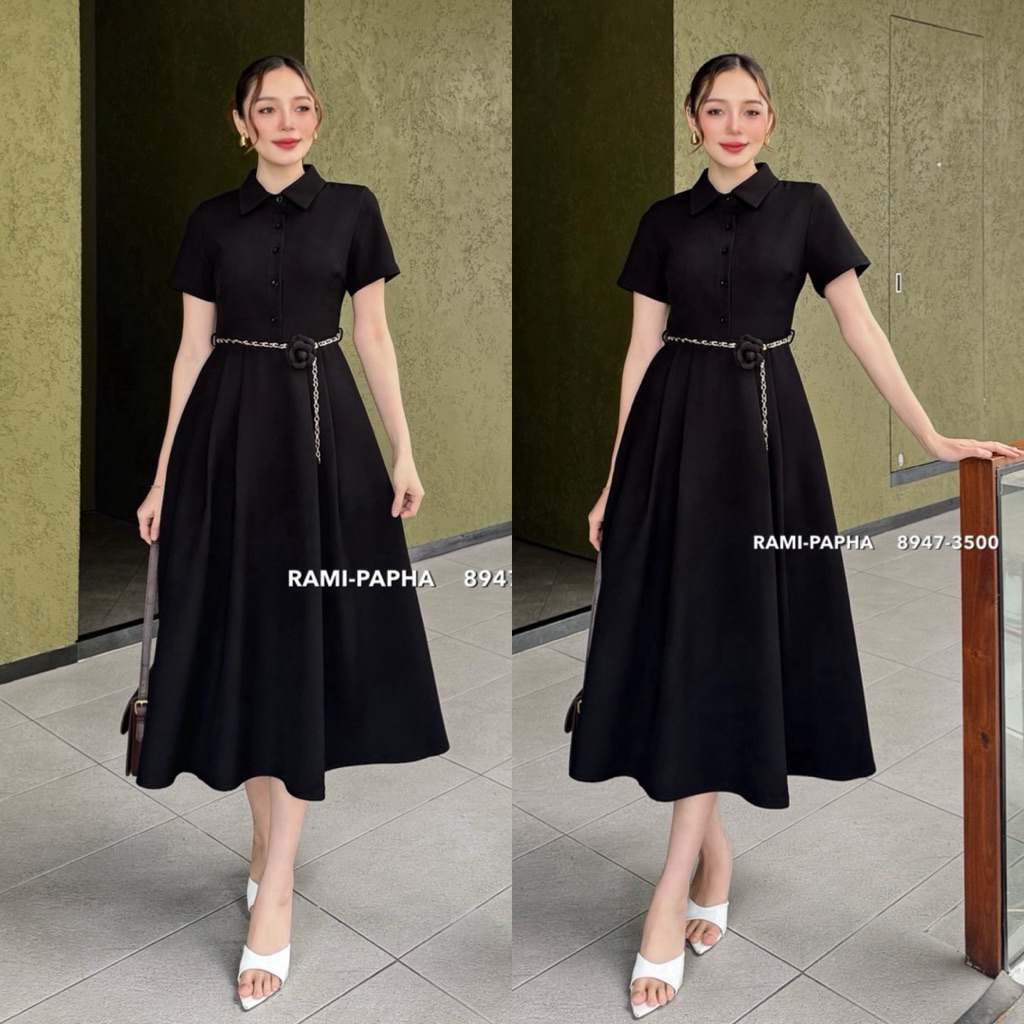 RAMI-PAPHA•เดรสตัวยาวสีดำคอปกกระดุมหน้าแกะใช้งานได้จริง + ข็มขัดหนังสีดำ +เข็มกลัดดอกคามิเลียสีดำ