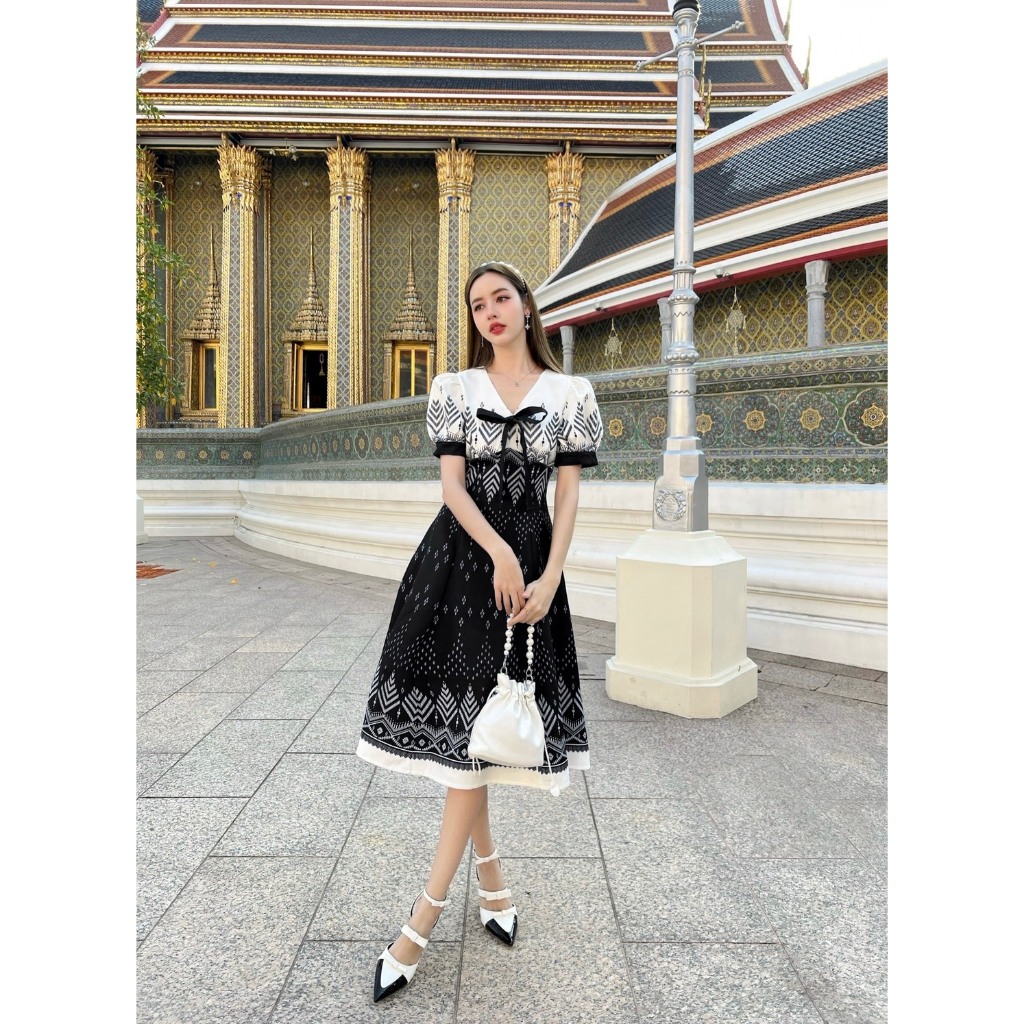 C808 BELLITA เดรสลายไทยแต่งโบว์ ชุดงานบวช ชุดไทย ชุดใส่ทำบุญ