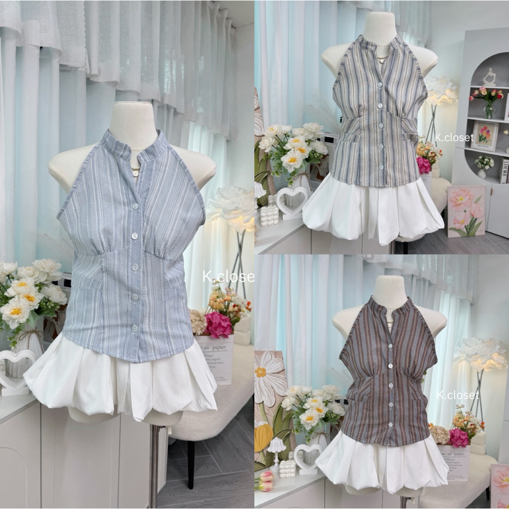 เสื้อเชิ้ตแขนกุดผ้าลายริ้วพาสเทล Vela Stripe Halter (เสื้ออย่างเดียว)