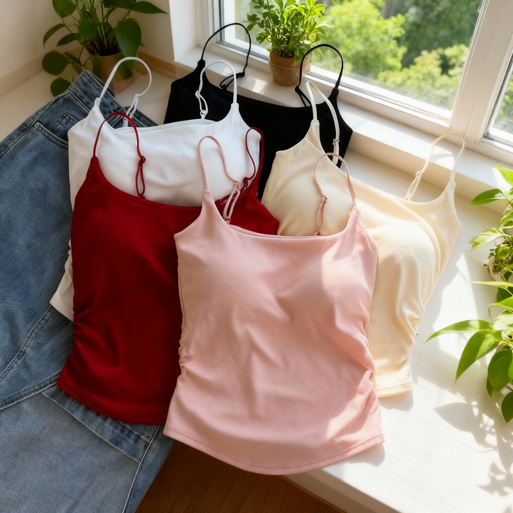 ฟองน้ำในตัว ผ้าเรย่อนใส่สบายสีพื้นลำลองแขนกุดรัดรูปเสื้อกล้ามลำลอง ฤดูร้อนแฟชั่น สาวอวบใส่สบายไม่ร้อน จัดส่งจากกรุงเทพเส