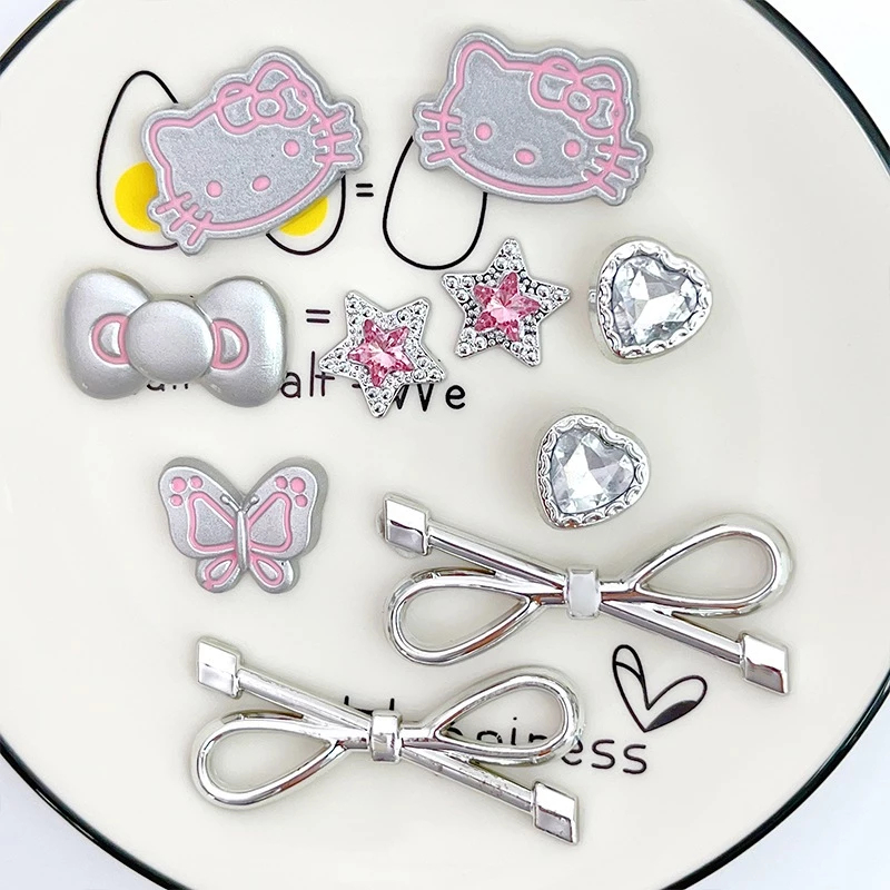 # ANTH Clothes# 10 ชิ้น/เซ็ต Silver Bow Cat Shoe Buckles สําหรับ Clogs รองเท้าแตะที่ถอดออกได้น่ารักการ์ตูนตก