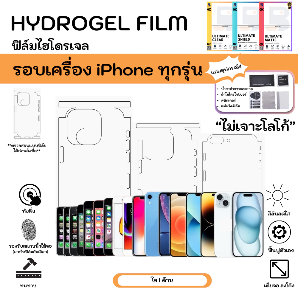 [Balance Hydrogel] ฟิล์มไฮโดรเจล iPhone รอบเครื่อง ไม่เจาะโลโก้ หลังเครื่องจนถึงขอบ พร้อมอุปกรณ์รีดฟิล์ม แถมแผ่นรีด