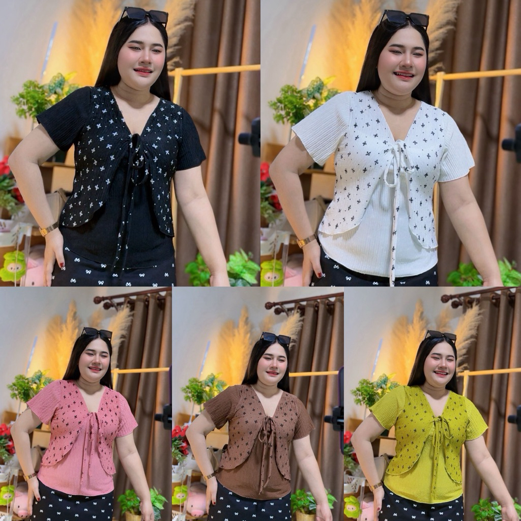 ถูกที่สุด เสื้อสาวอวบ 🎀อก36-44🎀 ผ้าท็อฟฟี่พิมพ์ลายโบว์ แต่งทรงน่ารัก (A69)